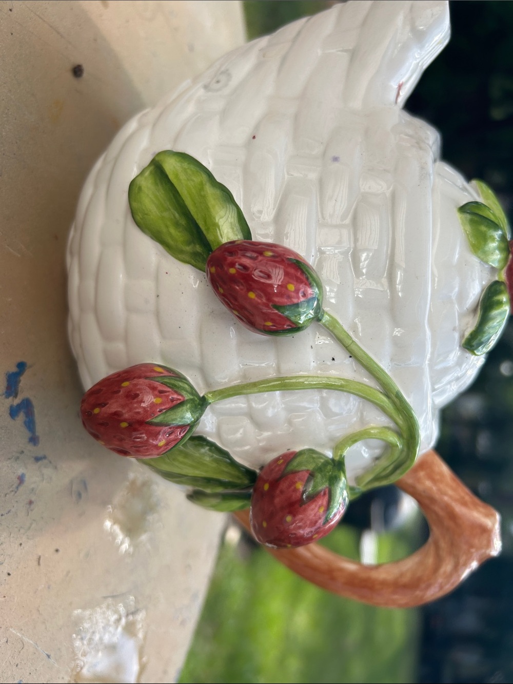 White Ceramic Strawberry Tea Pot Decorative Lattice Pattern Vibes to Accents GUC